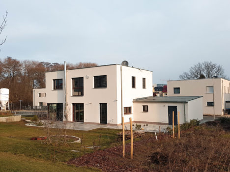 Modernes weißes zweistöckiges Haus mit großen Fenstern, in einem angelegten Hof mit Gras und einem kleinen Gartenbereich. Im Hintergrund sind ein klarer Himmel und Bäume zu sehen, rechts davon ein ähnliches Dresdner Massivhaus.
