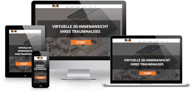 Ein responsives Website-Design wird auf verschiedenen Geräten angezeigt: Smartphone, Tablet, Laptop und Desktop-Monitor. Die Site bietet einen virtuellen 3D-Innenrundgang mit einer „Start“-Schaltfläche und hebt die Handwerkskunst von Massivhäuser Dresden hervor. Die Benutzeroberfläche ist auf Deutsch beschriftet.