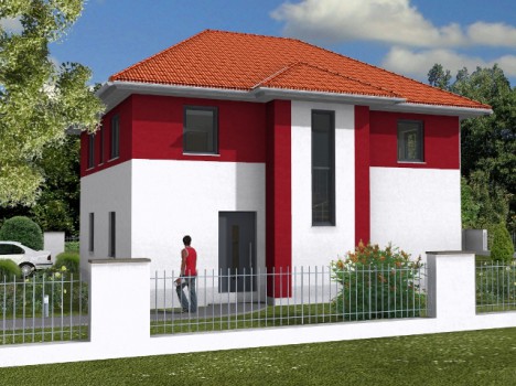 Ein zweistöckiges Dresdner Massivhaus hat eine rot-weiße Außenfassade mit Ziegeldach und modernen Fenstern. Eine Person schlendert durch einen eingezäunten, grün bepflanzten Hof. Links steht ein Auto unter einem Baum, während der teilweise bewölkte Himmel diese malerische Szene vervollständigt.