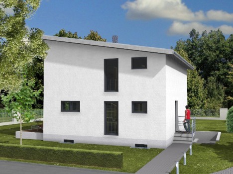Ein modernes weißes Haus mit Flachdach, großen Fenstern und einem kleinen Vorgarten ist ein Beispiel für die Eleganz des Hausbaus in Dresden. Eine Person in einem roten Hemd steht unter einem teilweise bewölkten Himmel auf der Vordertreppe, während Bäume das Anwesen umgeben.