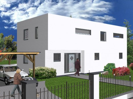Ein modernes zweistöckiges Haus mit weißer Fassade und rechteckigen Fenstern ist ein Beispiel für die Dresdner Massivhausarchitektur. Eine Frau geht auf ein Tor neben einer Einfahrt mit einem geparkten Auto zu, während eine andere Person sich der Haustür nähert. Der Garten bietet Sträucher und bunte Blumen unter einem teilweise bewölkten Himmel.