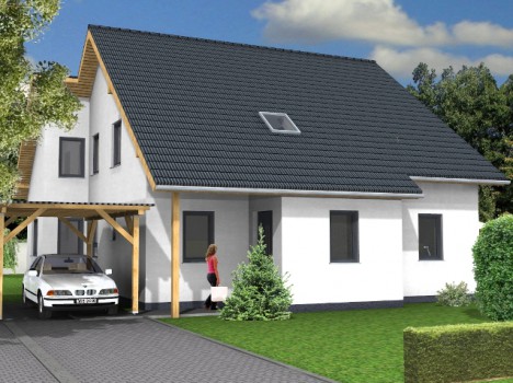Ein modernes, weißes, zweistöckiges Massivhaus Sachsen mit dunklem Dach verfügt über einen Carport, der ein Auto schützt. Eine Person steht in der Nähe des Eingangs, umgeben von grünen Sträuchern und Bäumen unter einem teilweise bewölkten Himmel.