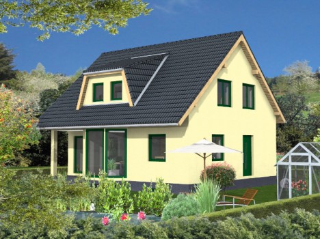 Ein charmantes zweistöckiges gelbes Haus mit schwarzem Dach, umgeben von üppigem Grün, ist ein Beispiel für die Eleganz des Dresdener Massivhaus-Designs. Ein kleiner Teich mit Seerosen ziert den Vordergrund, während sich in der Nähe ein weißer Sonnenschirm und ein Gewächshaus unter einem klaren blauen Himmel befinden.