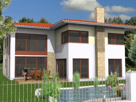 Dieses moderne zweistöckige Haus mit rotem Dach, großen Fenstern und einem Schornstein ist ein Beispiel für die Schönheit des Dresdner Hausbaus. Im Garten gibt es einen kleinen Teich, der von Pflanzen umgeben ist, während sich jemand auf einem Terrassenstuhl neben einem hölzernen Essplatz im Freien entspannt. Ein Zaun grenzt an die Vorderseite des Grundstücks.