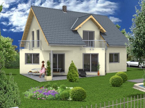 Ein modernes zweistöckiges Haus mit Schrägdach und Balkon steht elegant da und verkörpert den Dresdner Massivhausstil. Eine Frau in einem rosa Kleid schlendert auf der Terrasse herum, umgeben von Gartenmöbeln. Der Garten besticht durch gepflegtes Gras und bunte Blumenbeete, im Hintergrund parkt ein Auto.