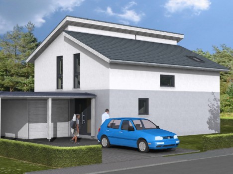 Ein modernes zweistöckiges Haus mit grau-weißer Fassade steht stolz da und verfügt über einen überdachten Eingang, der typisch für das Dresdner Massivhausdesign ist. In der Einfahrt parkt ein blaues Auto, vor dem zwei Menschen verweilen. Im Hintergrund wiegen sich Bäume unter einem teilweise bewölkten Himmel.