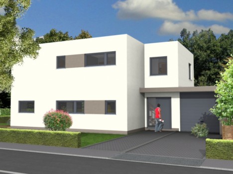 Ein modernes, weißes zweistöckiges Haus mit großen Fenstern und einem Flachdach zeigt den Charme der Massivhäuser Dresdens. Eine Person in einem roten Hemd steht auf der Einfahrt, die zu einer Garage führt. Die landschaftlich gestaltete Umgebung besteht aus grünen Büschen und Bäumen vor dem blauen Himmel und verkörpert den zeitgenössischen Hausbau in Dresden.
