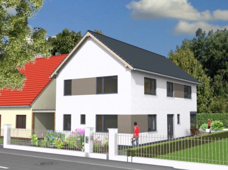 Gezeigt wird ein zweistöckiges weißes Haus mit einem grauen Dach, typisch für die Dresdner Massivhausarchitektur. Es verfügt über große Fenster, einen kleinen Blumengarten und einen weißen Zaun. Zwei Personen genießen den Garten unter einem Baum, während der teilweise bewölkte Himmel diese bezaubernde Szene vervollständigt.