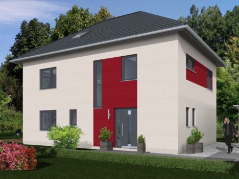 Ein modernes zweistöckiges Haus in Dresden mit cremefarbenen und roten Außenwänden, großen Fenstern und einem Satteldach. Der Vorgarten ist mit Sträuchern und Blumen bepflanzt. Eine Person geht mit einem Auto an einem Carport vorbei, der von Grün umgeben ist, ähnlich wie bei dem Dresdner Massivhaus.