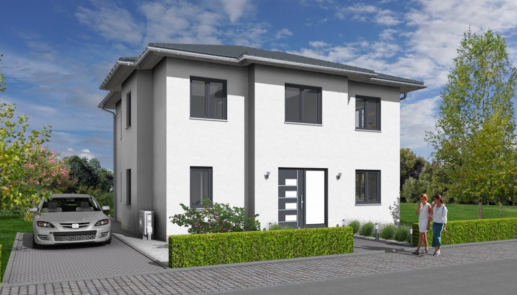 Dieses moderne zweistöckige Haus, das einem stilvollen Fertighaus aus Dresden ähnelt, besticht durch eine elegante weiße Außenfassade. Ein Auto steht in der Einfahrt, während zwei Menschen auf dem Gehweg spazieren. Die Szene wird von üppigem Grün und einem teilweise bewölkten Himmel eingerahmt und verkörpert zeitgenössisches Wohnen.