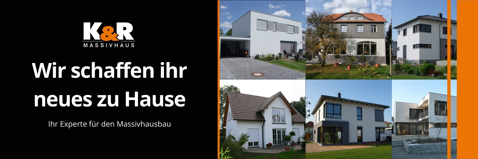 Collage aus sechs modernen, freistehenden Häusern mit unterschiedlichem Design. Das Bild zeigt ein Textbanner mit der Aufschrift „K&R Massivhaus“ und „Wir schaffen ihr neues zu Hause. Ihr Experte für den Massivhausbau“ auf schwarzem und orangefarbenem Hintergrund, das unsere Expertise in Massivhäusern Dresden hervorhebt.