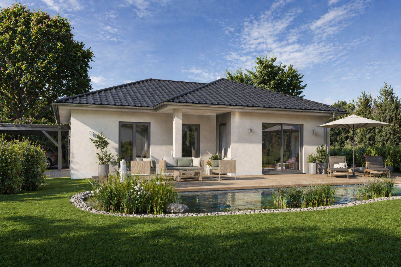 Ein modernes einstöckiges Haus mit einem dunklen Ziegeldach, großen Fenstern und einer Terrasse mit Gartenmöbeln, die einen kleinen Teich in einem üppig grünen Garten unter blauem Himmel überblickt.