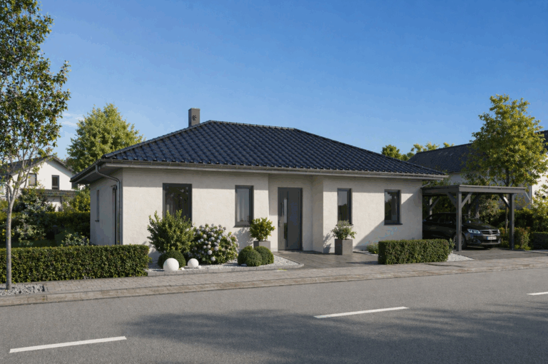Ein modernes einstöckiges Haus mit einem dunklen Ziegeldach, hellen Wänden und großen Fenstern; ein Auto ist in einem Carport auf der rechten Seite geparkt, und das Haus ist von gepflegtem Grün und Bäumen umgeben.