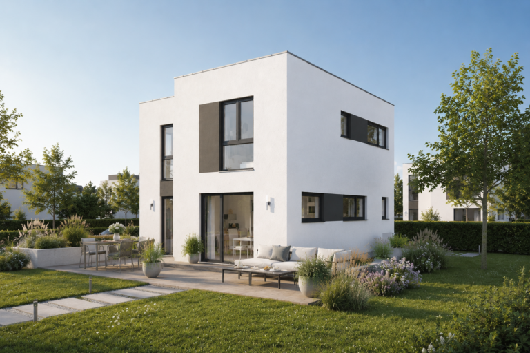 Ein modernes, weißes, zweistöckiges Haus mit großen Fenstern, einer Terrasse mit Sitzgelegenheiten im Freien und einem gepflegten Rasen, umgeben von Grünflächen und Bäumen unter einem strahlend blauen Himmel.