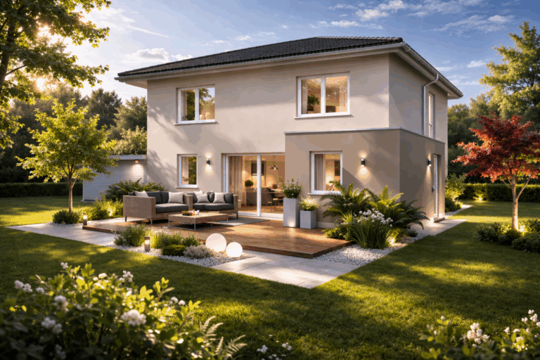 Modernes Stadthaus bauen mit großen Fenstern, umgeben von einem üppigen grünen Rasen und Garten. Eine Holzterrasse mit Sitzgelegenheiten im Freien, Topfpflanzen und dekorativer Beleuchtung schafft an sonnigen Tagen einen gemütlichen Platz im Hinterhof.