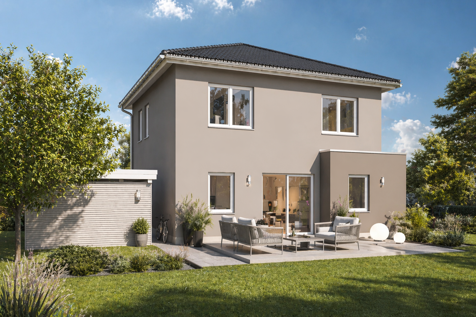 Ein modernes zweistöckiges Haus mit grauen Außenwänden und einem dunklen Dach, das große Fenster hat. Es gibt einen Innenhof mit Sitzgelegenheiten im Freien und Grünflächen, alles in einem gepflegten Garten unter blauem Himmel.
