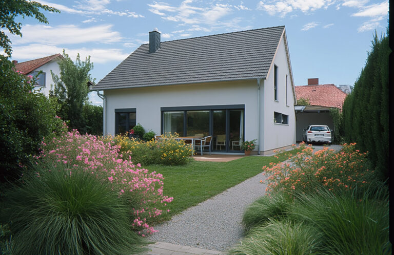 Ein modernes weißes Haus mit einem grauen Dach steht hinter einem üppigen grünen Rasen und einem Garten voller rosa und gelber Blumen. Ein Kiesweg führt zu einer Terrasse und ein Auto ist in einem Carport auf der rechten Seite geparkt.