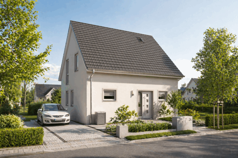Ein modernes zweistöckiges weißes Haus mit einem dunkelgrauen Dach, umgeben von Grün und Bäumen. In der Einfahrt parkt ein silbernes Auto, und das Haus hat einen gepflegten Garten und einen kleinen Vorgarten.