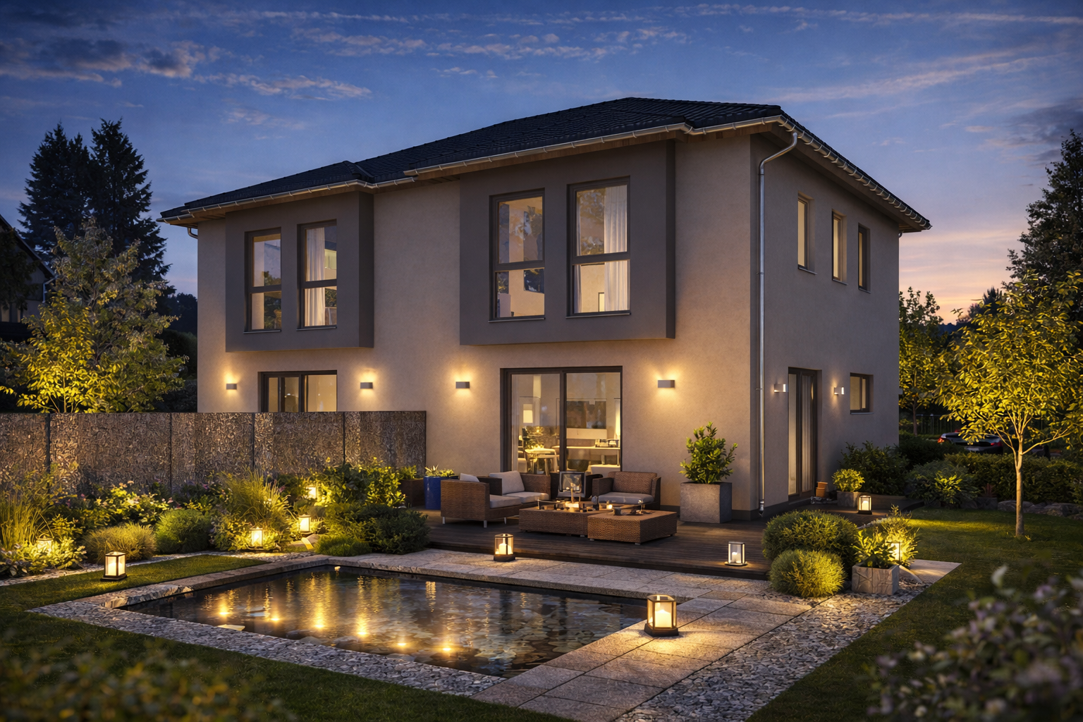 Ein modernes zweistöckiges Haus in der Abenddämmerung, warm beleuchtet mit Außenlampen. Es gibt einen angelegten Garten, einen Sitzbereich auf der Terrasse und einen kleinen rechteckigen Teich, der von Laternen und Grünpflanzen umgeben ist.