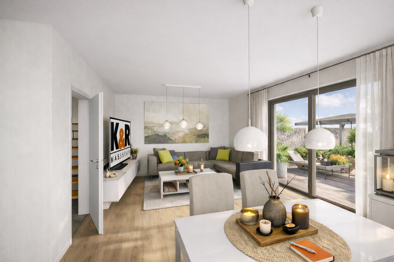 Modernes Wohnzimmer in einem stilvollen Doppelhaus, ausgestattet mit einem grauen Ecksofa, grünen Kissen, Wandbildern, großen Fenstern und einem mit Kerzen gedeckten Esstisch; draußen sind die Terrasse und üppiges Grün zu sehen.