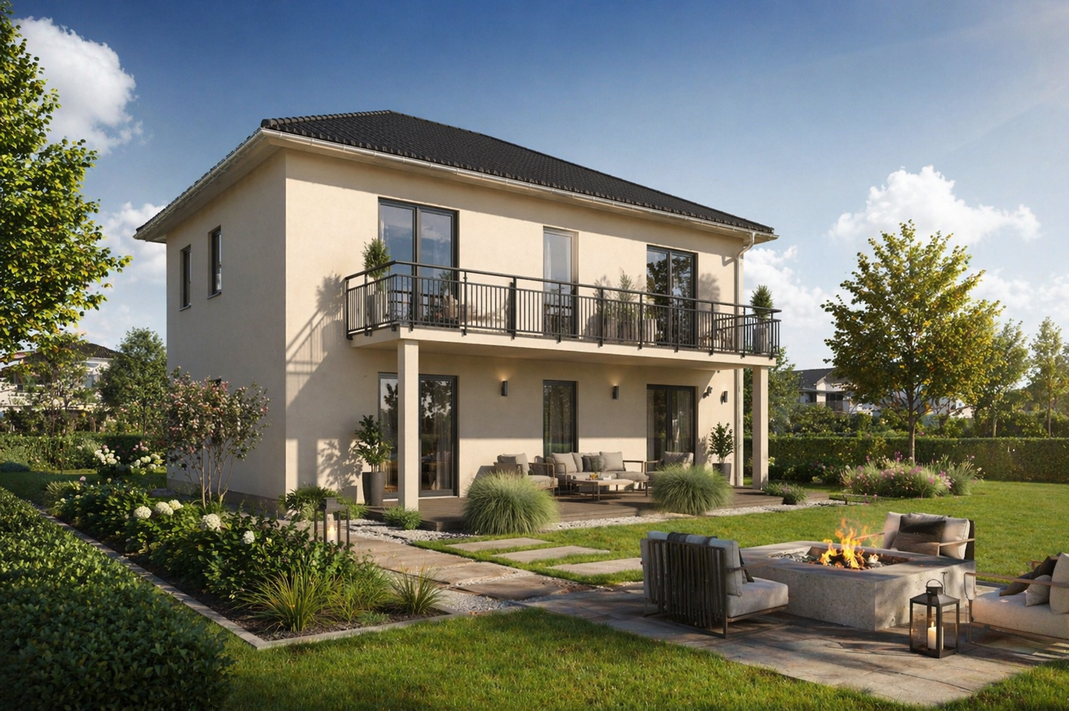 Ein modernes, zweistöckiges, beiges Haus mit schwarzem Ziegeldach, großem Balkon und überdachter Veranda. Der Hinterhof bietet einen angelegten Garten, Sitzgelegenheiten im Freien und eine Feuerstelle mit Stühlen, umgeben von grünem Gras und Bäumen.