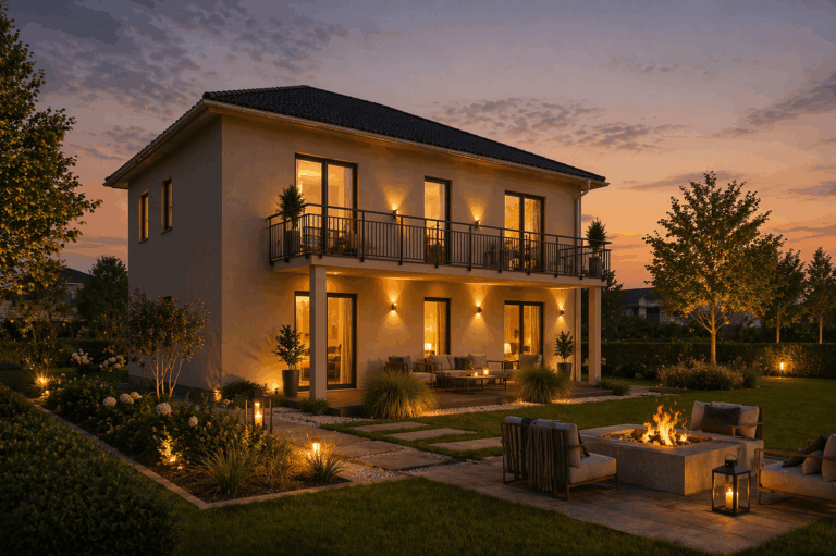 Ein modernes zweistöckiges Haus mit großen Fenstern wird bei Sonnenuntergang warm beleuchtet. Der Hinterhof verfügt über eine Terrasse mit Sitzgelegenheiten, eine Feuerstelle und einen gepflegten Garten mit Bäumen, Sträuchern und dekorativen Laternen.