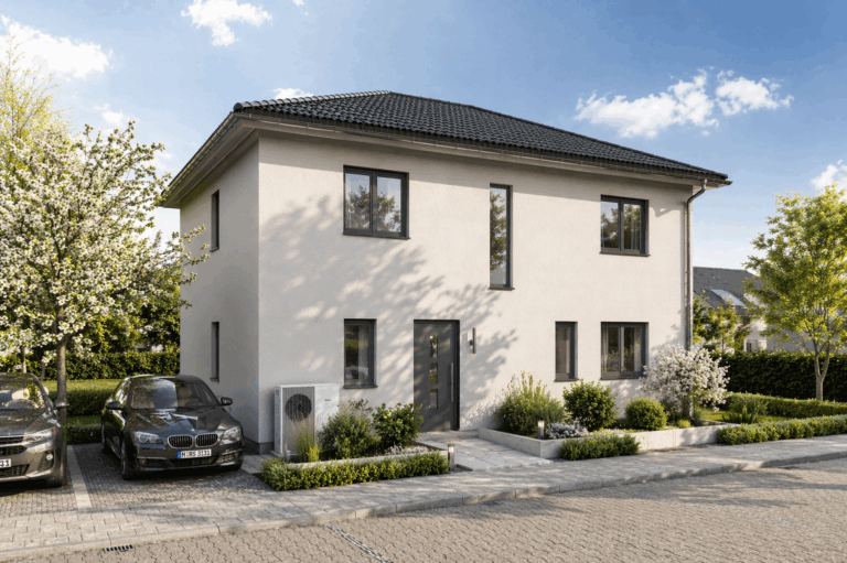 Modernes zweistöckiges Haus mit hellgrauer Fassade, schwarzem Dach und vier Fenstern an der Vorderseite. Zwei Autos sind in der Einfahrt geparkt, umgeben von gepflegten Sträuchern und blühenden Bäumen. Der Himmel ist klar mit ein paar Wolken.