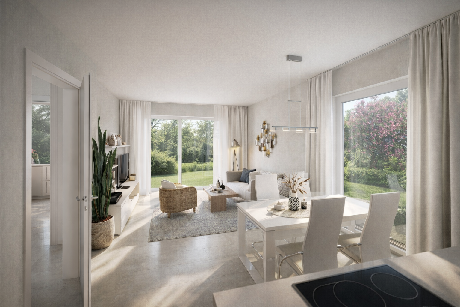 Helles, modernes Wohn- und Esszimmer in einem stilvollen Zweifamilienhaus, mit großen Fenstern, weißen Möbeln, Zimmerpflanzen und Blick auf einen grünen Garten und blühende Sträucher draußen. Der Raum wirkt luftig, ist in neutralen Farbtönen gehalten und bietet viel Tageslicht.