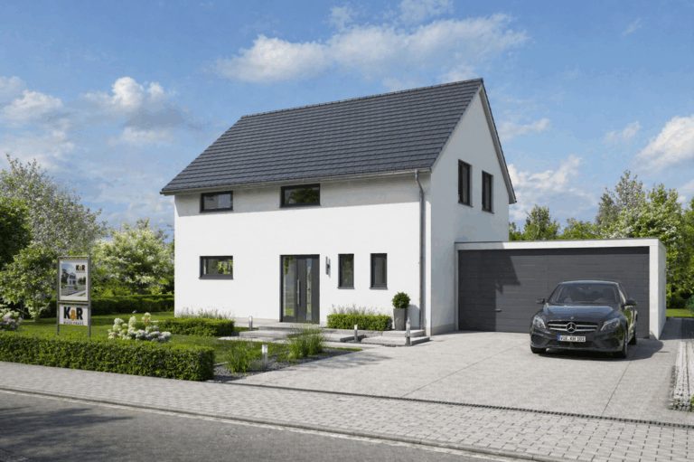 Modernes zweistöckiges weißes Landhaus mit großen Fenstern, einem dunkelgrauen Dach und einer angebauten Garage. In der Einfahrt parkt ein schwarzes Auto, und der Vorgarten ist mit Gras und Sträuchern unter blauem Himmel angelegt.