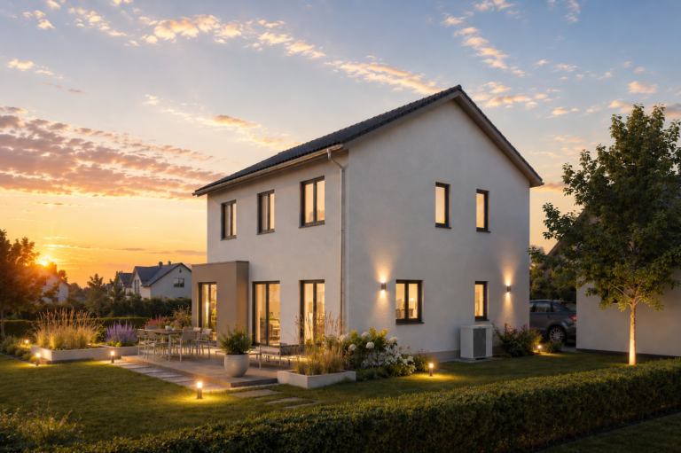 Modernes Einfamilienhaus mit großen Fenstern, einem Garten und einer gemütlichen Sitzecke im Freien, die bei Sonnenuntergang stimmungsvoll von warmem Licht beleuchtet wird, mit einem Baum und gepflegten Hecken im Hof.