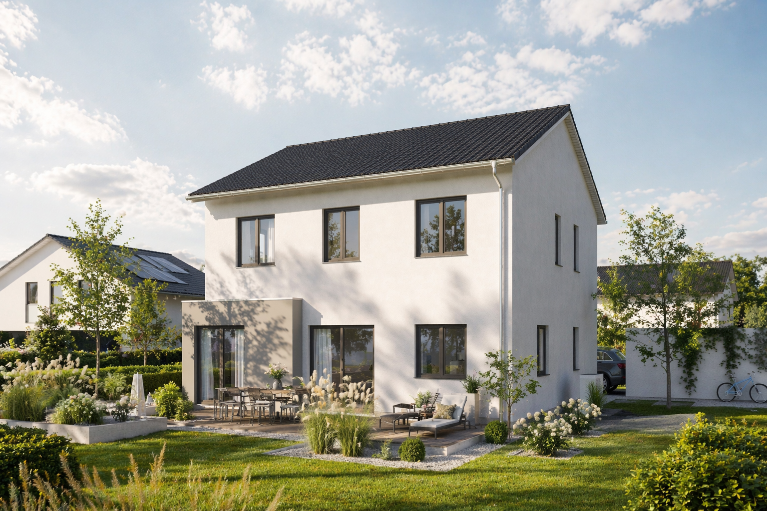 Ein modernes Einfamilienhaus: Dieses moderne zweistöckige weiße Haus mit dunklem Dach, großen Fenstern und Sitzgelegenheiten auf der Terrasse liegt inmitten eines gepflegten Gartens und üppigen Grüns, alles unter einem hellen Himmel mit vereinzelten Wolken.