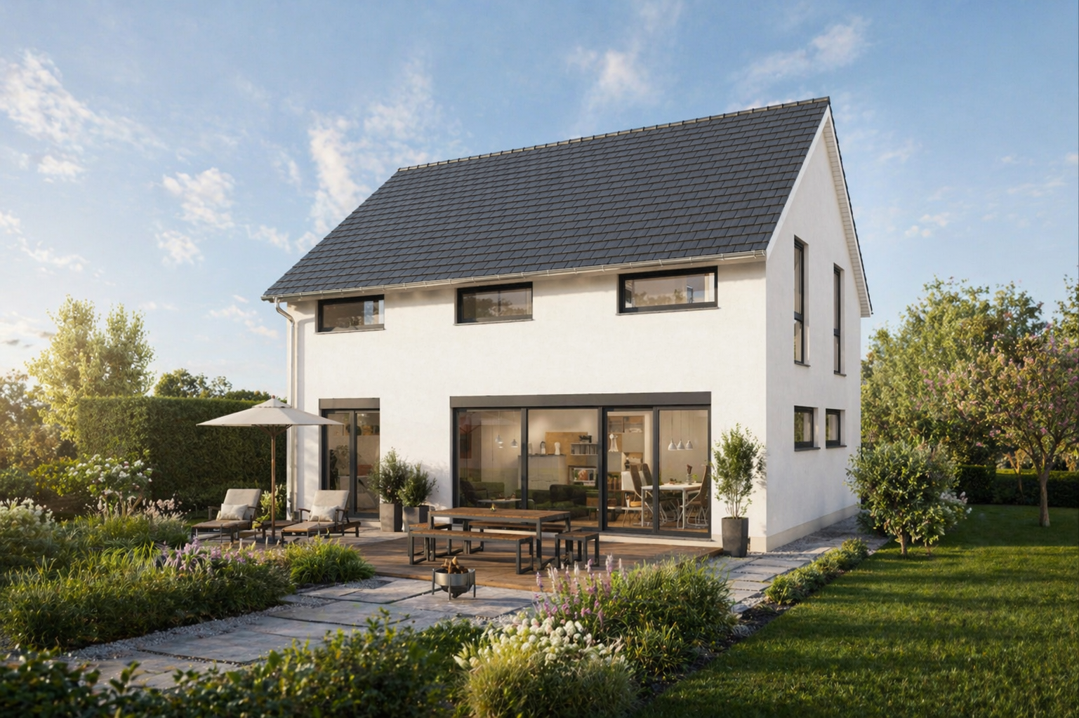 Modernes zweistöckiges Landhaus mit großen Fenstern und einem schrägen dunklen Dach, umgeben von einem grünen Rasen und einem angelegten Garten. Im Hinterhof befindet sich eine Terrasse mit Sitzgelegenheiten im Freien und einem Sonnenschirm an einem klaren, sonnigen Tag.