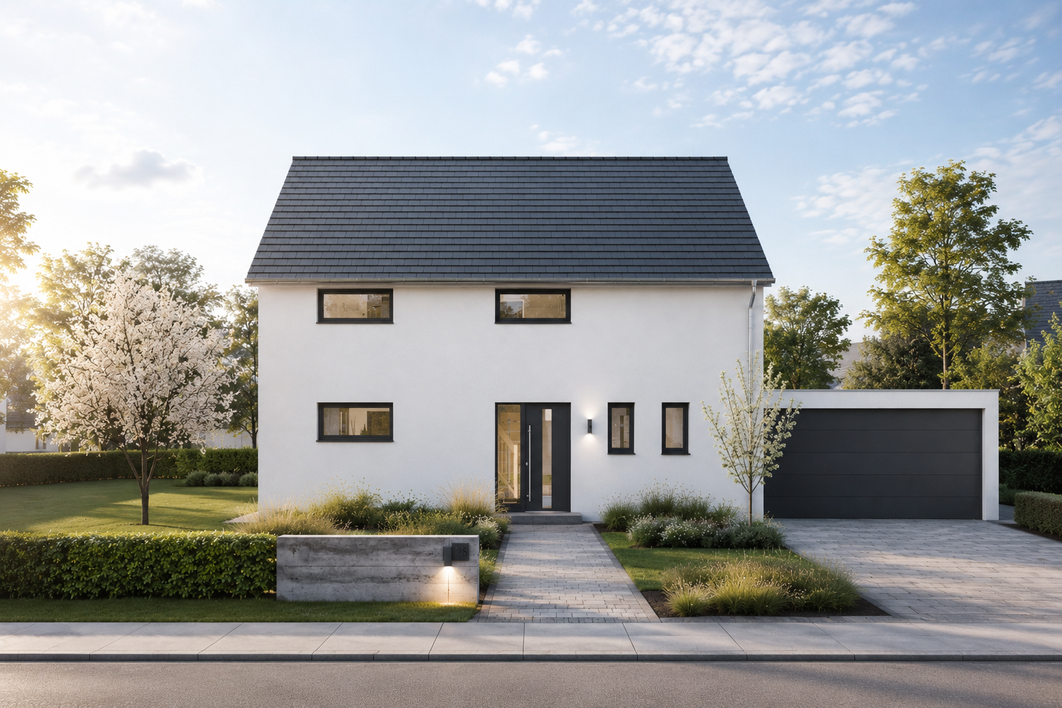 Modernes, zweistöckiges, weißes Satteldachhaus mit dunklem Dach, schwarz gerahmten Fenstern und einer Doppelgarage. Der Garten besticht durch gepflegt geschnittene Sträucher, Bäume und einen Betonweg, der unter blauem Himmel zur Haustür führt.